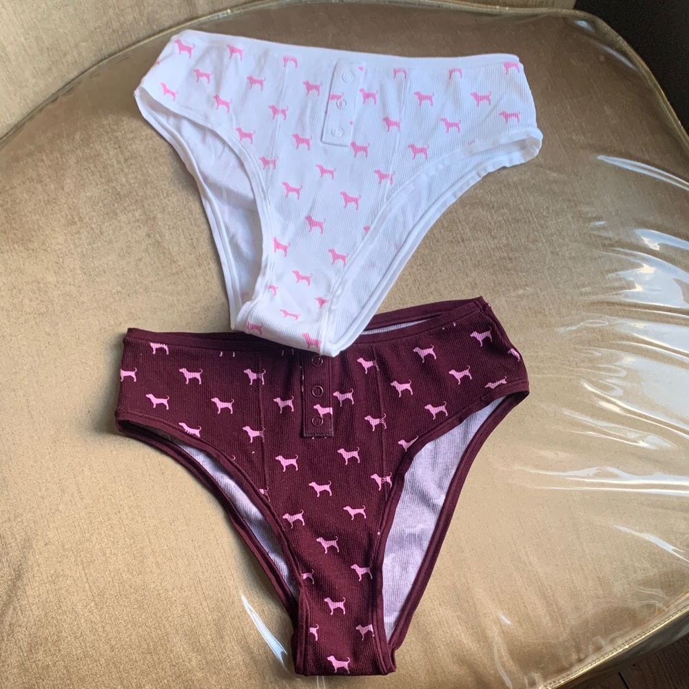 PINK Victoria's Secret White and Maroon Dog Print Underwear